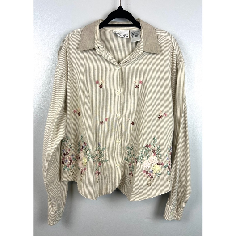 CASEY MAX 90s Y2K Floral Embroidered Top Large Botanical‎ Tie Back Button Up Top